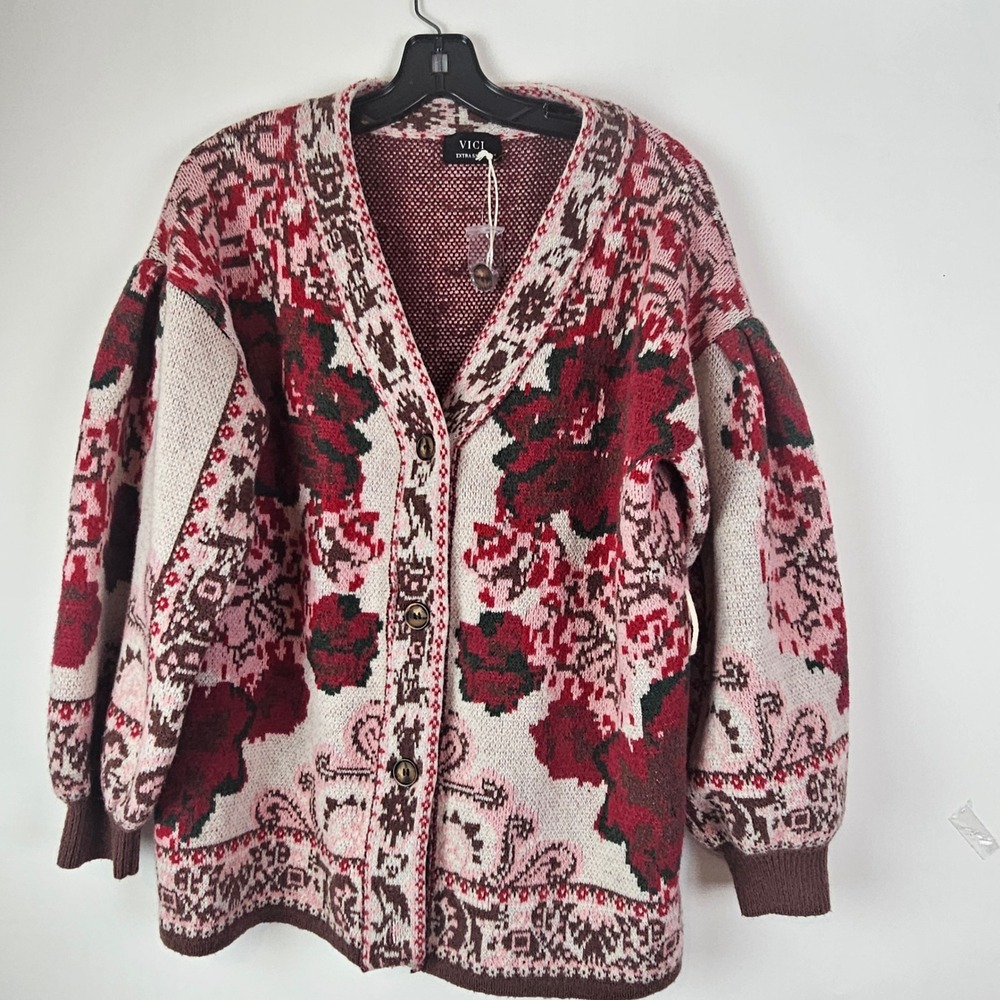 Vici Floral Tapestry Knit Cardigan Oversized Puff Sleeve Red Pink XS NWTCozy